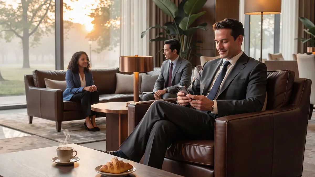 Ein junger Geschäftsmann liest morgens in einer Hotel-Lounge auf seinem Smartphone, vor ihm Kaffee und Croissant.